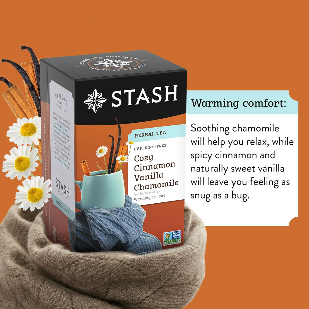 Stash close-up of chamomile flowers and vanilla with cinnamon highlighting natural ingredients