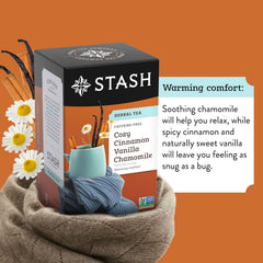 Stash close-up of chamomile flowers and vanilla with cinnamon highlighting natural ingredients