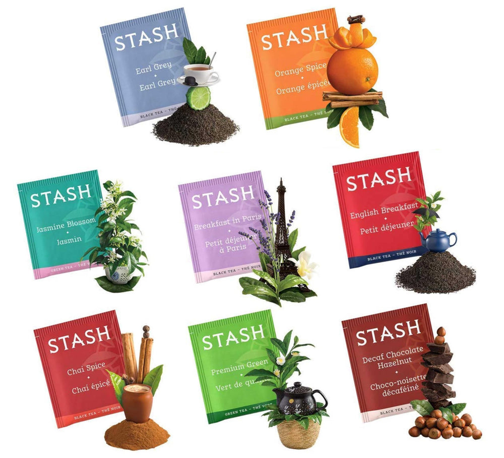 Stash assortment label and flavor list highlighting 30-flavor selection benefit