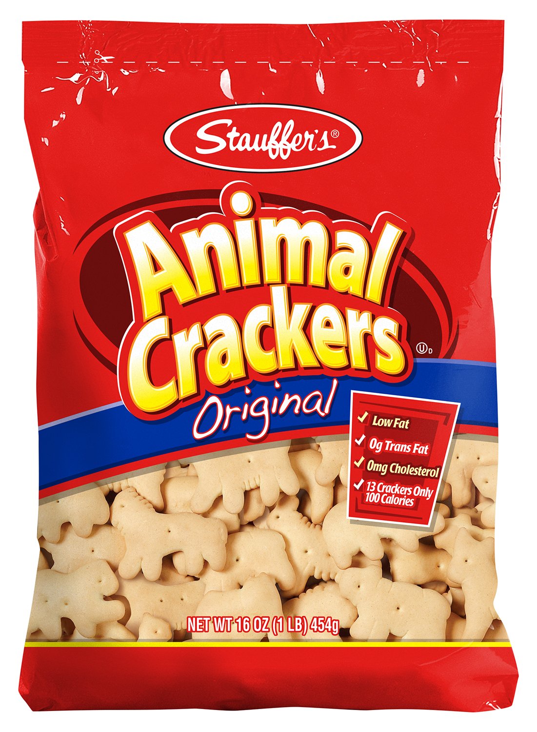 STAUFFERS front packaging showing 16-ounce animal crackers, convenient value