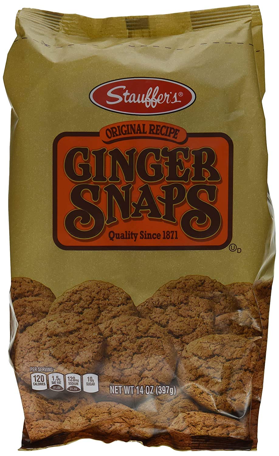 Stauffer's front packaging showing ginger snaps and consistent crunchy texture