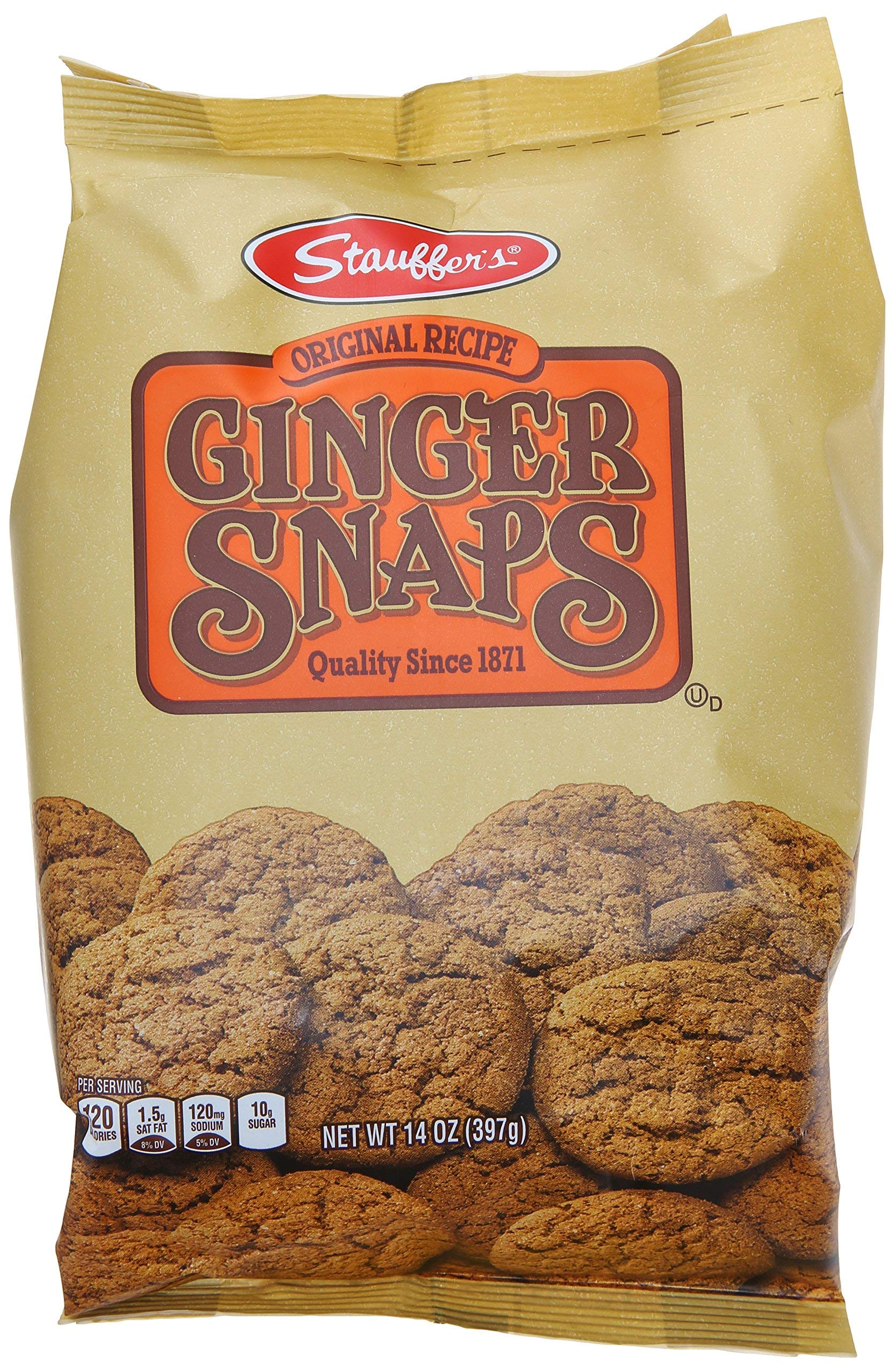 STAUFFERS front packaging of 14 oz ginger snap bag showing crisp cookies and brand