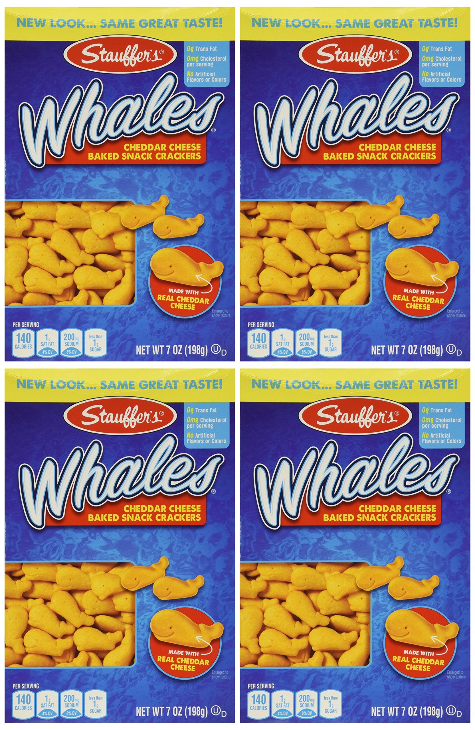 Stauffer's box front showing whale-shaped cheddar crackers and pack convenience