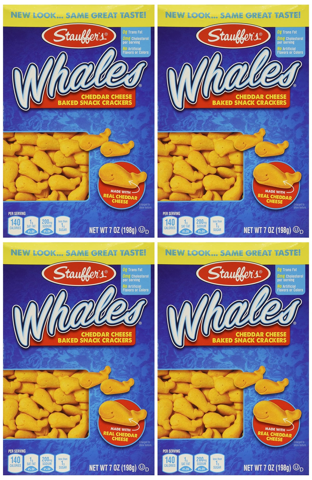 Stauffer's box front showing whale-shaped cheddar crackers and pack convenience