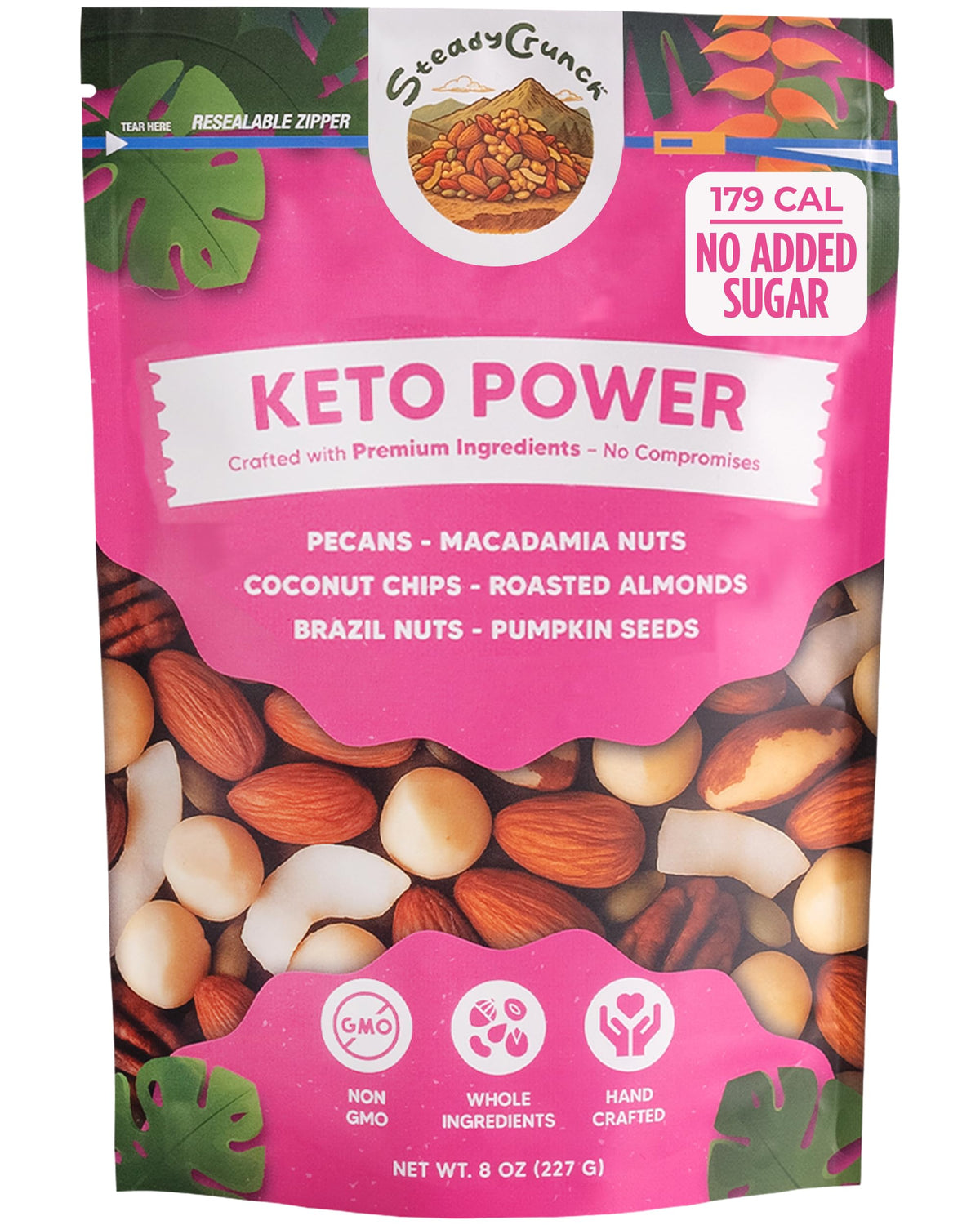STEADYCRUNCH front packaging showing keto mixed nuts and benefits