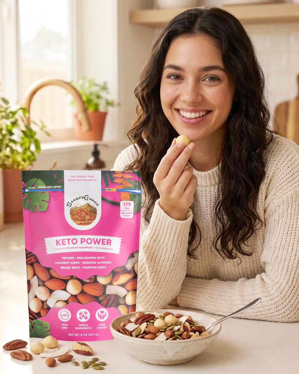STEADYCRUNCH flat lay of ingredients showing non-GMO, no additives