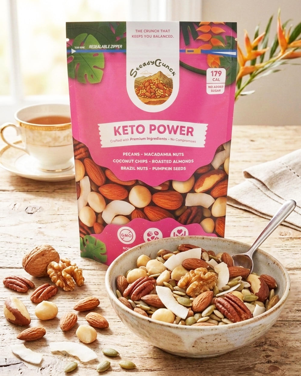 STEADYCRUNCH single-serve pack ready for travel and portion control