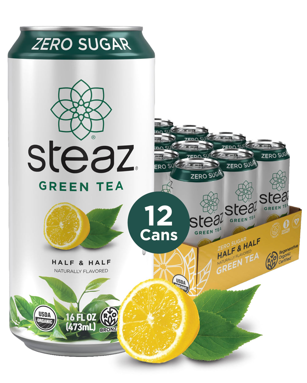 Steaz front can showing half & half label and branding for quick identification