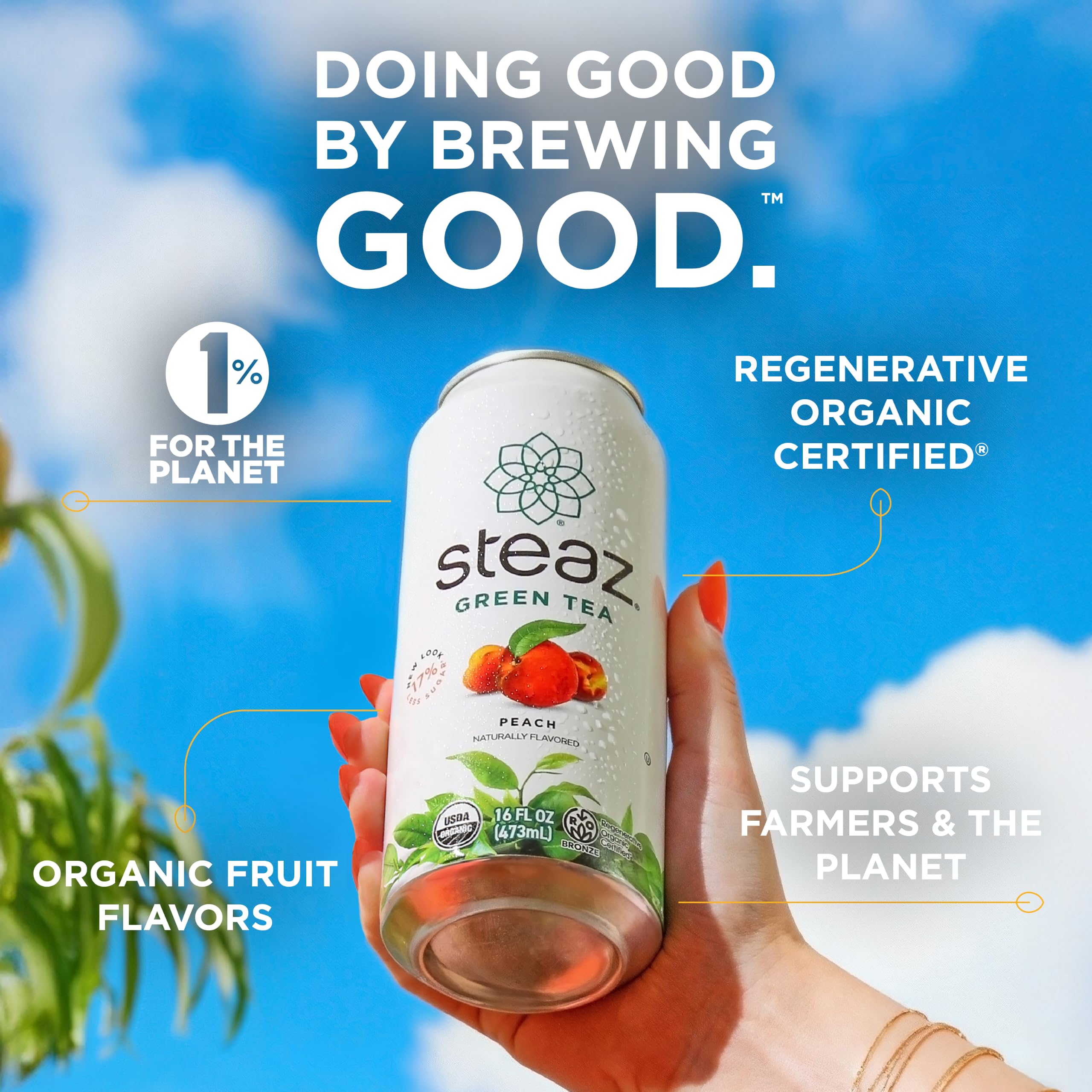 Steaz can held by hand showing scale and portability for on-the-go energy