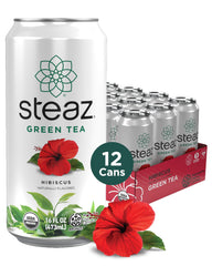 Steaz front packaging showing hibiscus green tea, refreshing ready-to-drink