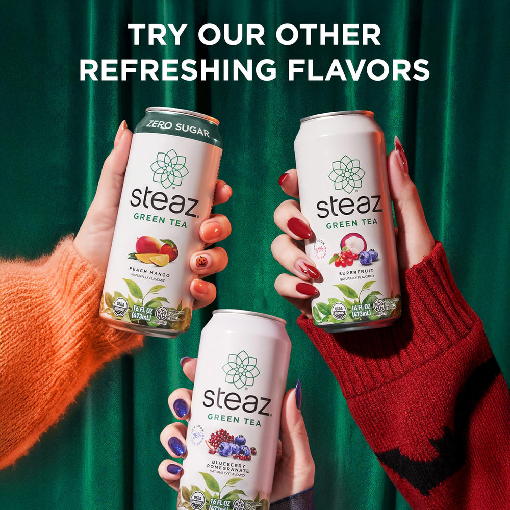 Steaz can on picnic blanket showing outdoor refreshment and healthy choice