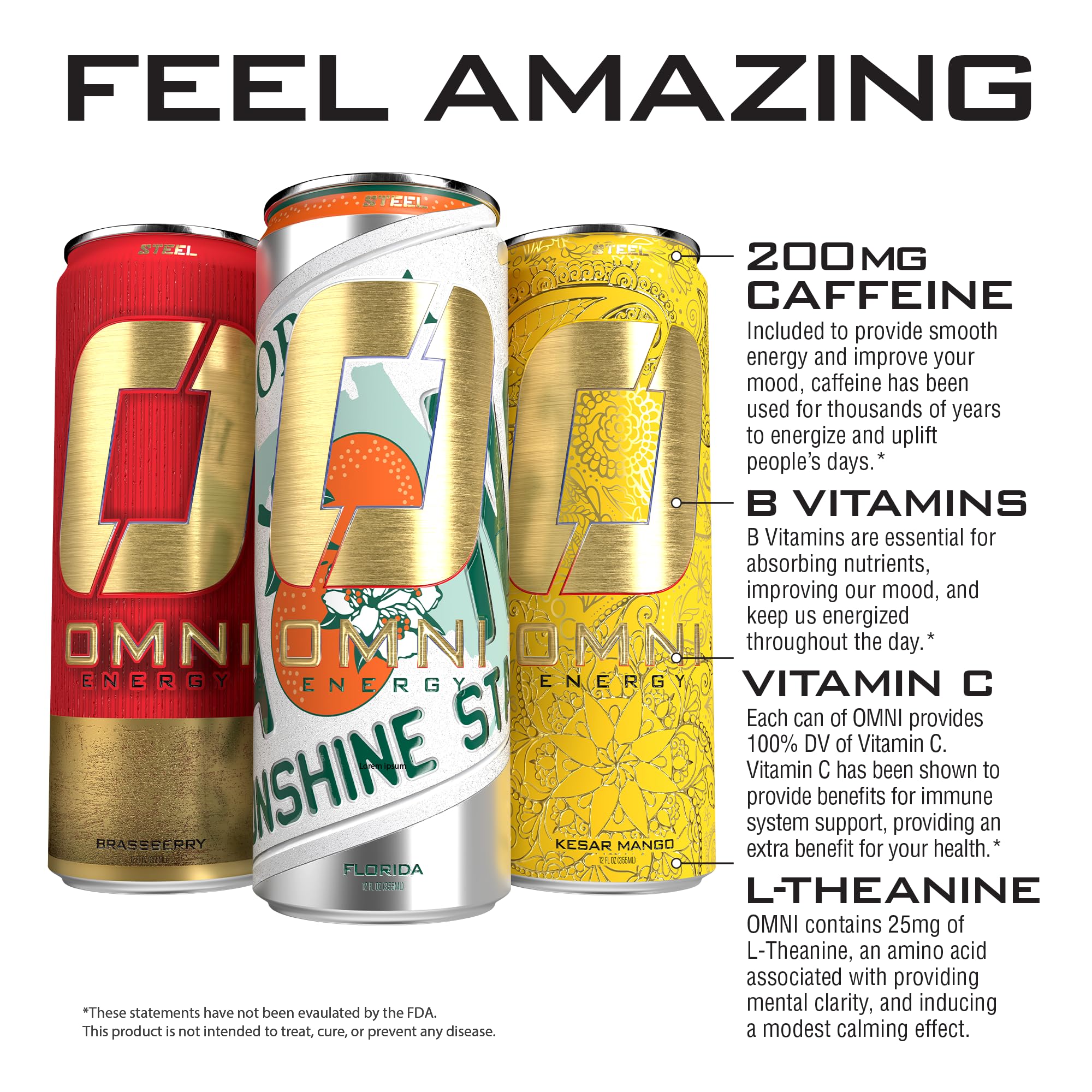 Steel Supplements OMNI Energy can in hand showing 12oz scale and portable low-calorie boost