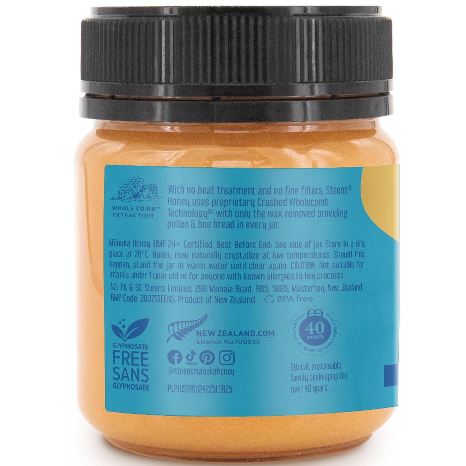 Steens jar beside honeycomb illustrating natural sourcing benefit