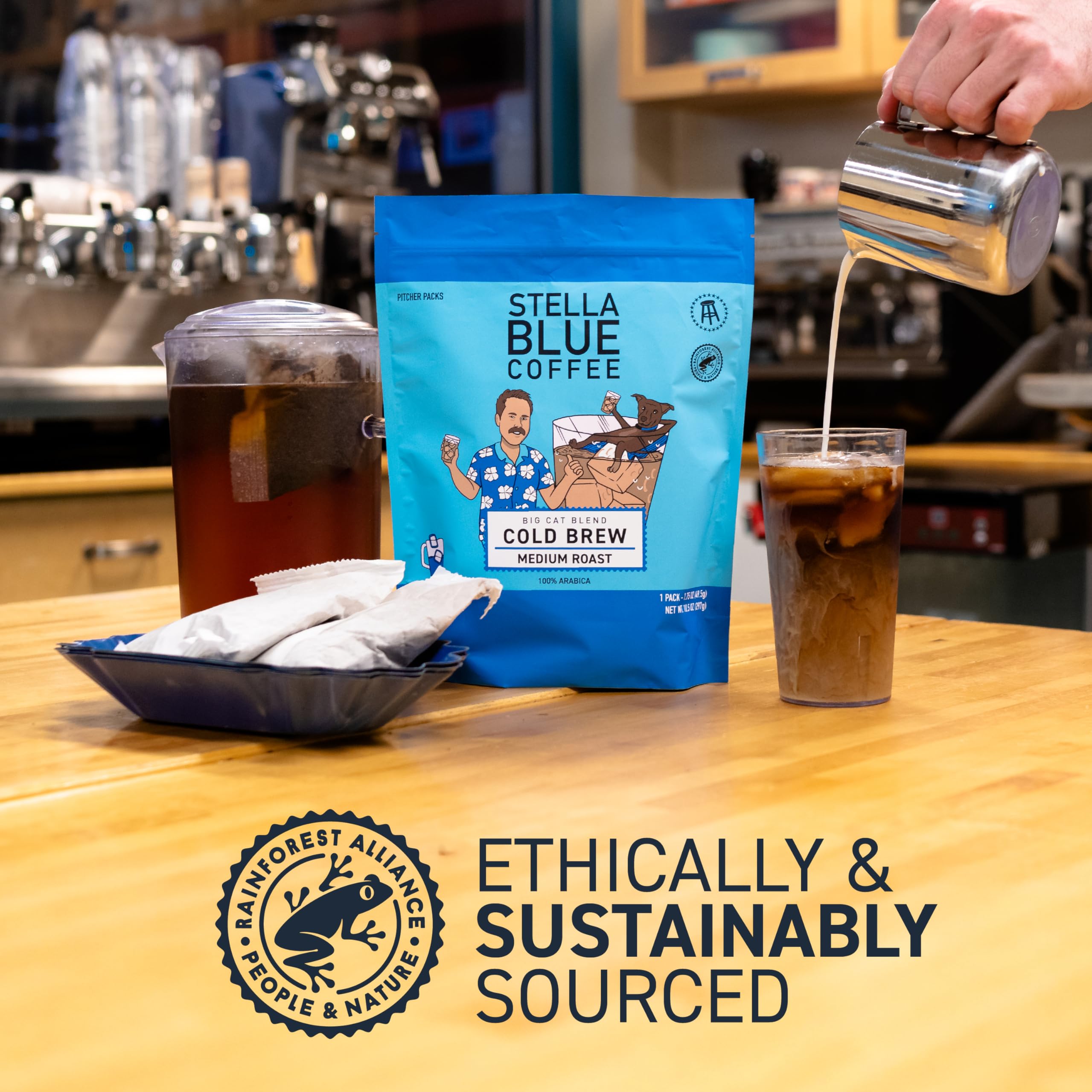 Stella Blue bag steeping in pitcher demonstrating simple overnight brew