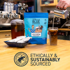 Stella Blue bag steeping in pitcher demonstrating simple overnight brew