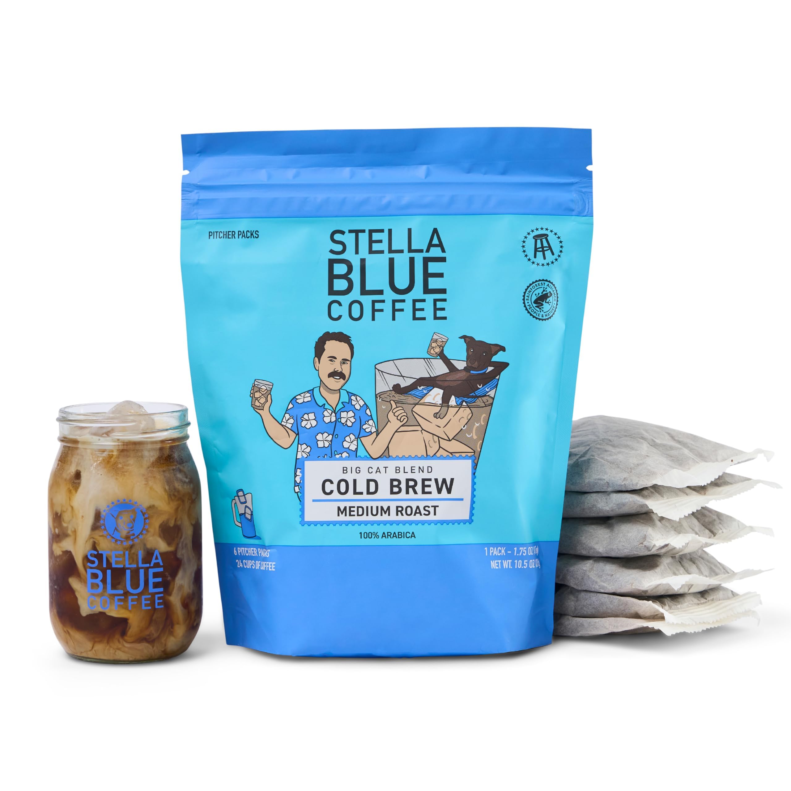 Stella Blue box front showing Big Cat Blend and benefit of easy cold brew