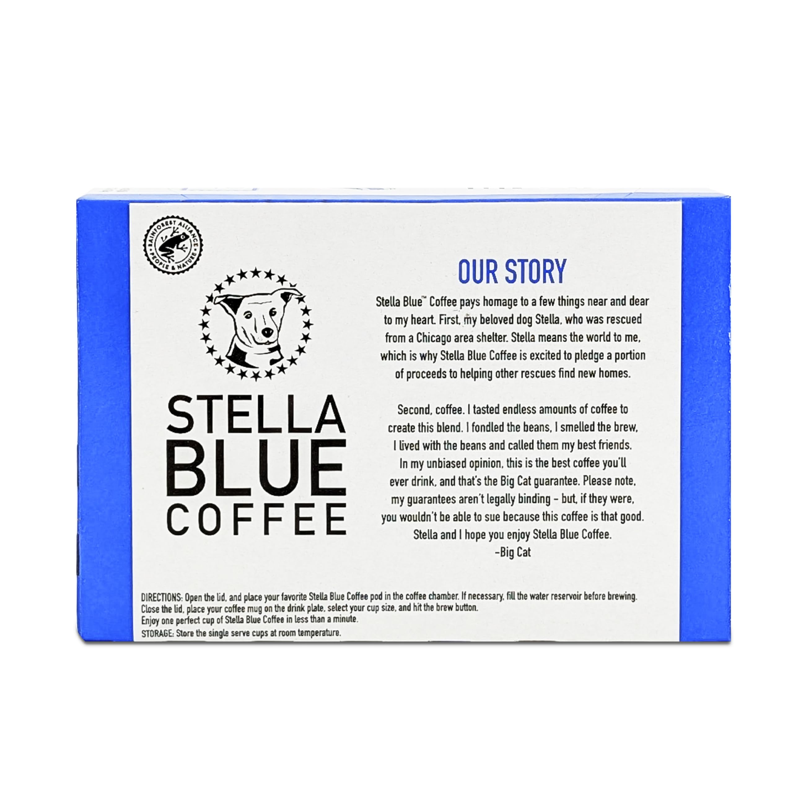 Stella Blue logo with rescue pet image showing support for animal charities