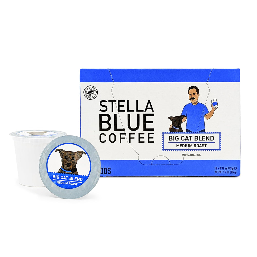 Stella Blue front packaging showing 12 recyclable K-Cups and branding benefit