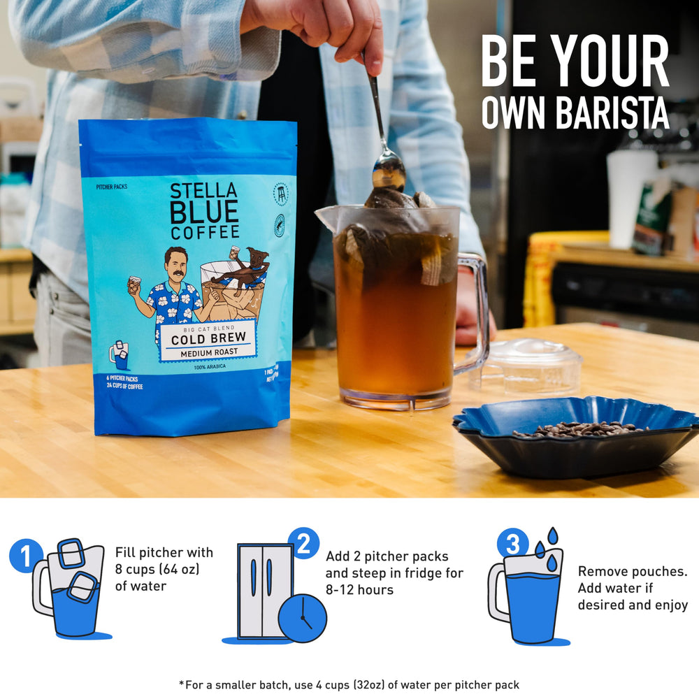 Stella Blue poured cold brew over ice highlighting smooth caramel flavor