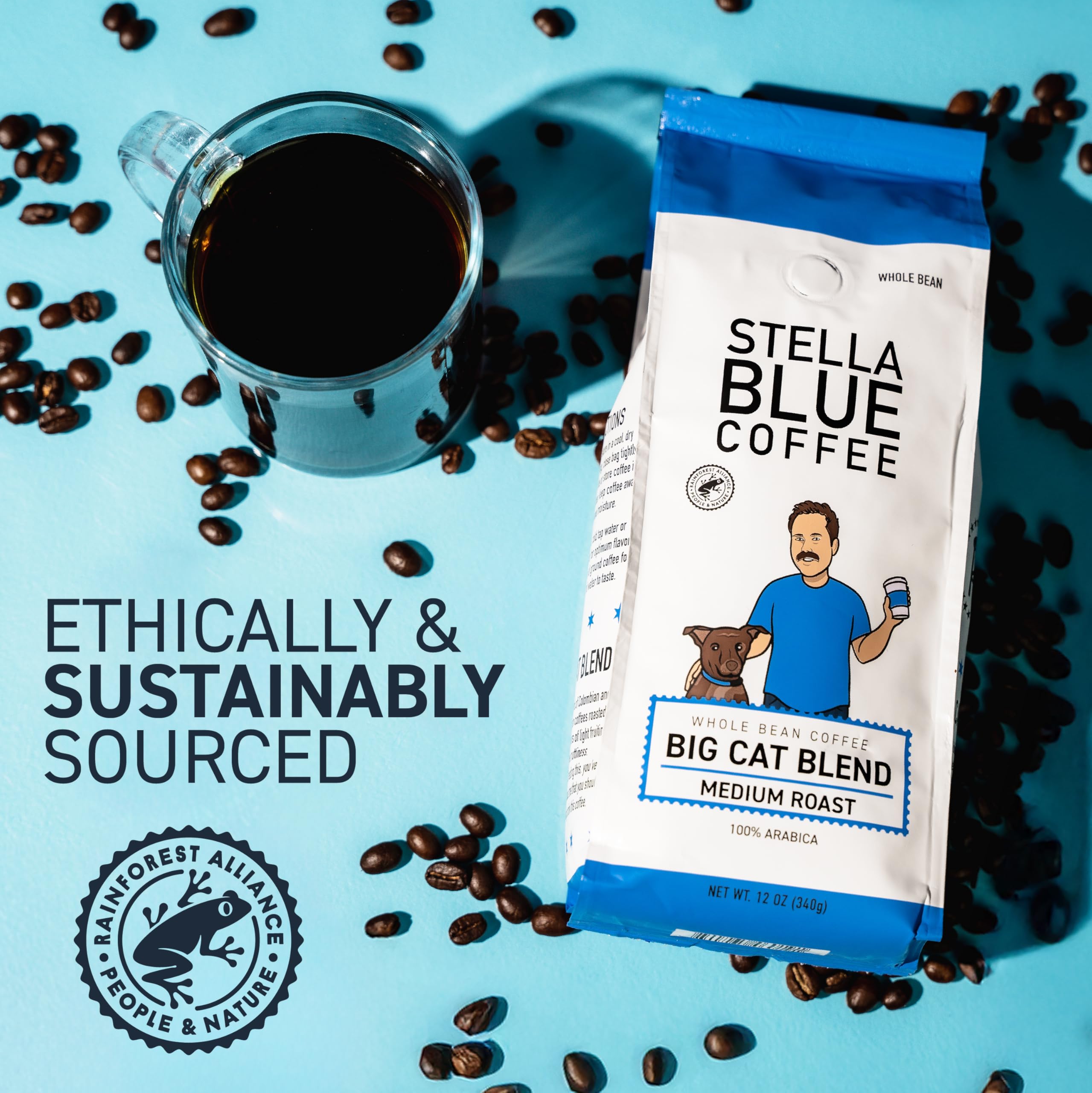 Stella Blue whole beans piled to show uniform roast and promise rich flavor