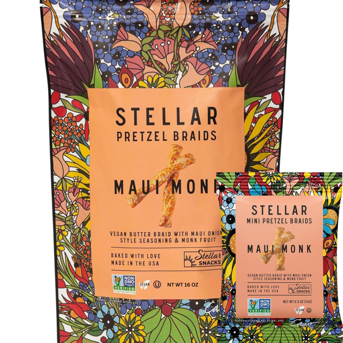 Stellar Snacks front packaging showing 16 oz resealable bag and branding benefit of freshness