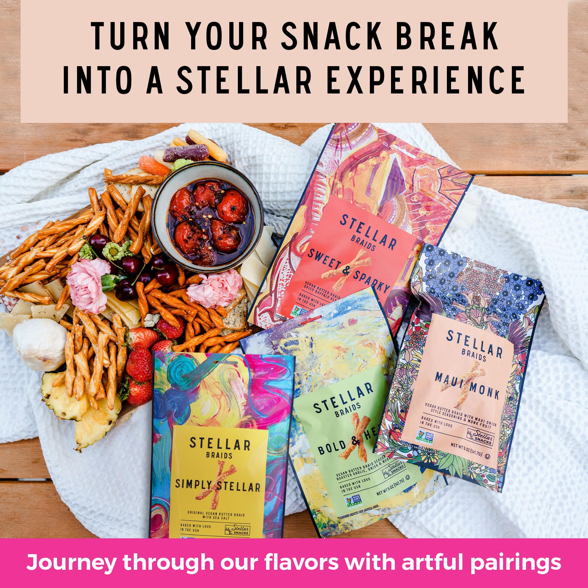 Clear shot of the Stellar Snacks nutrition and kosher label for transparency and dietary info