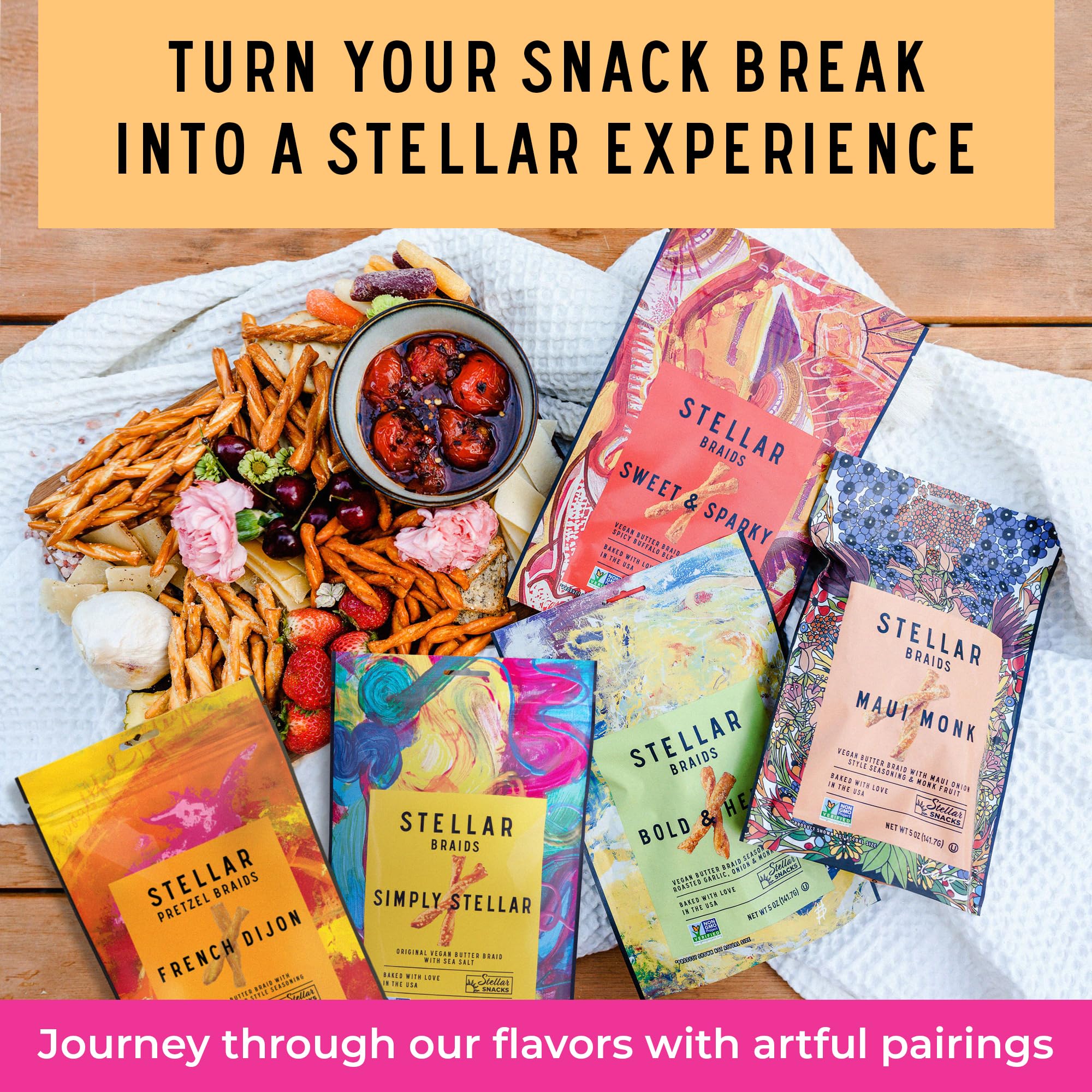 Stellar Snacks pretzel braids paired with dip bowl showing pairing versatility benefit