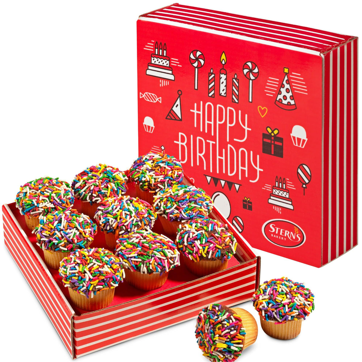 Stern's Bakery front box showing nine mini cupcakes, perfect birthday gift