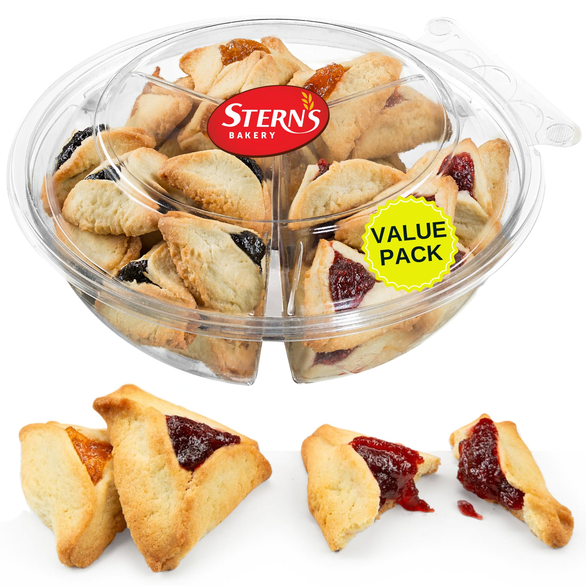 Stern's Bakery front packaging showing fresh hamentaschen and gifting appeal