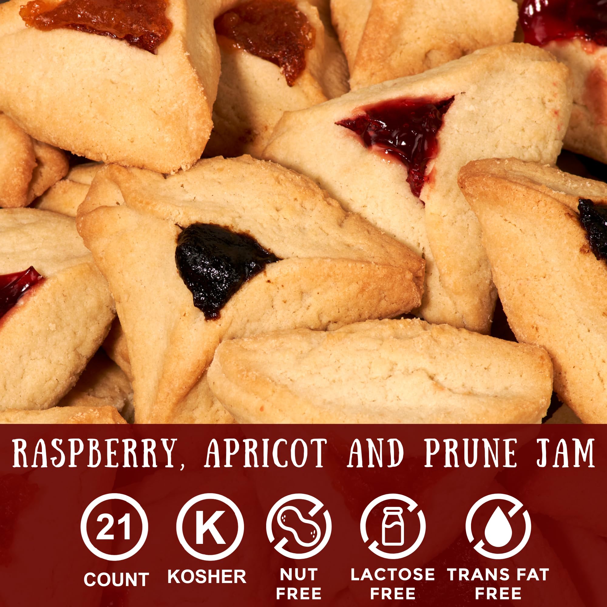 Stern's Bakery close-up of apricot prune and raspberry hamentaschen showcasing variety