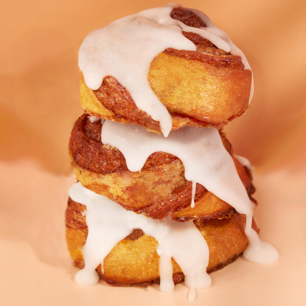 Close-up of a Stern's Bakery cinnamon bun highlighting soft swirl and texture benefit