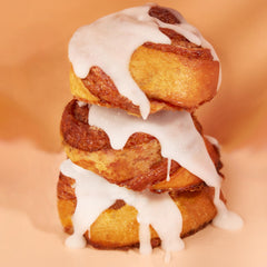 Close-up of a Stern's Bakery cinnamon bun highlighting soft swirl and texture benefit