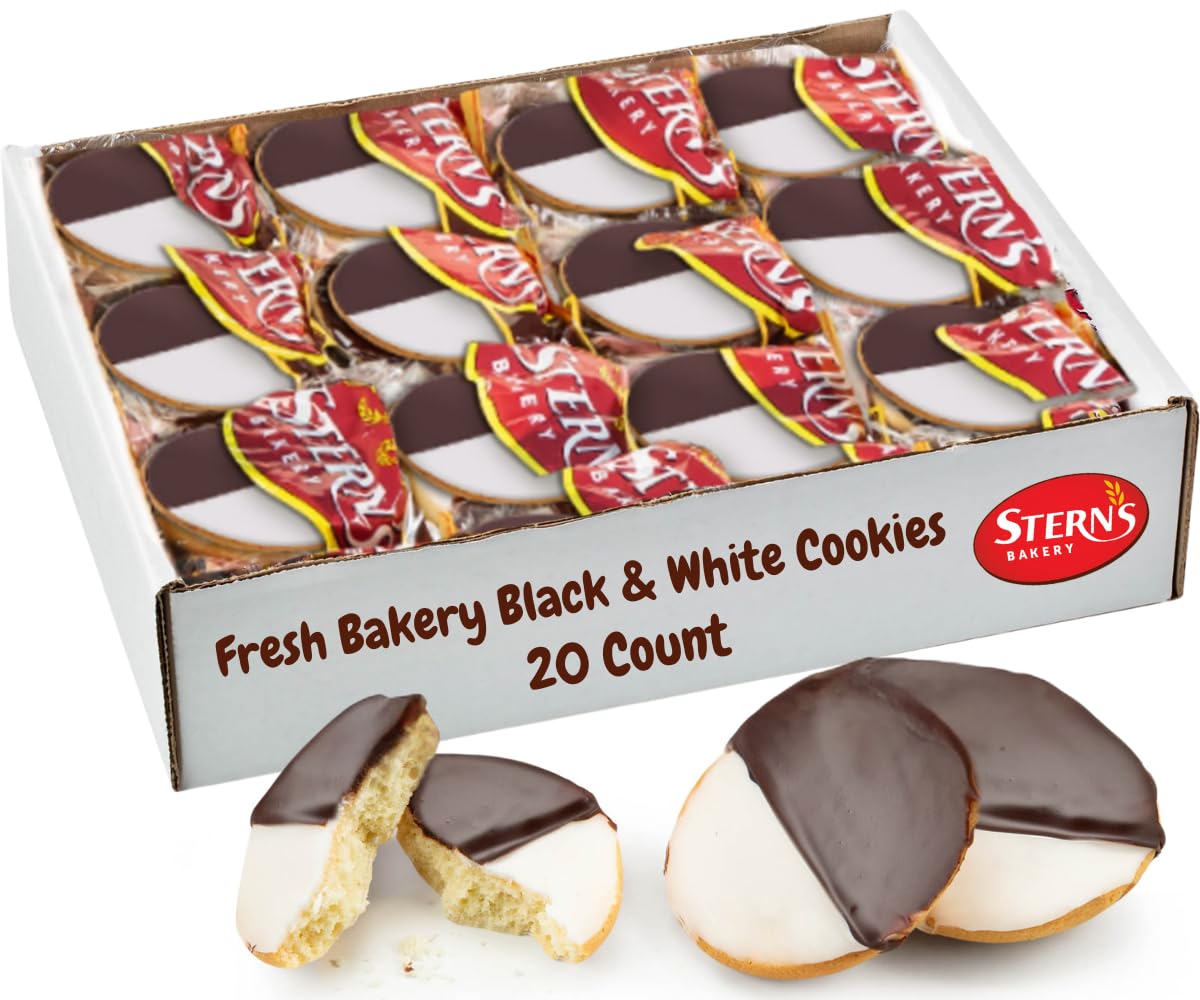 Stern's Bakery box front showing 20 individually wrapped black and white cookies for gifting