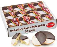 Stern's Bakery box front showing 20 individually wrapped black and white cookies for gifting