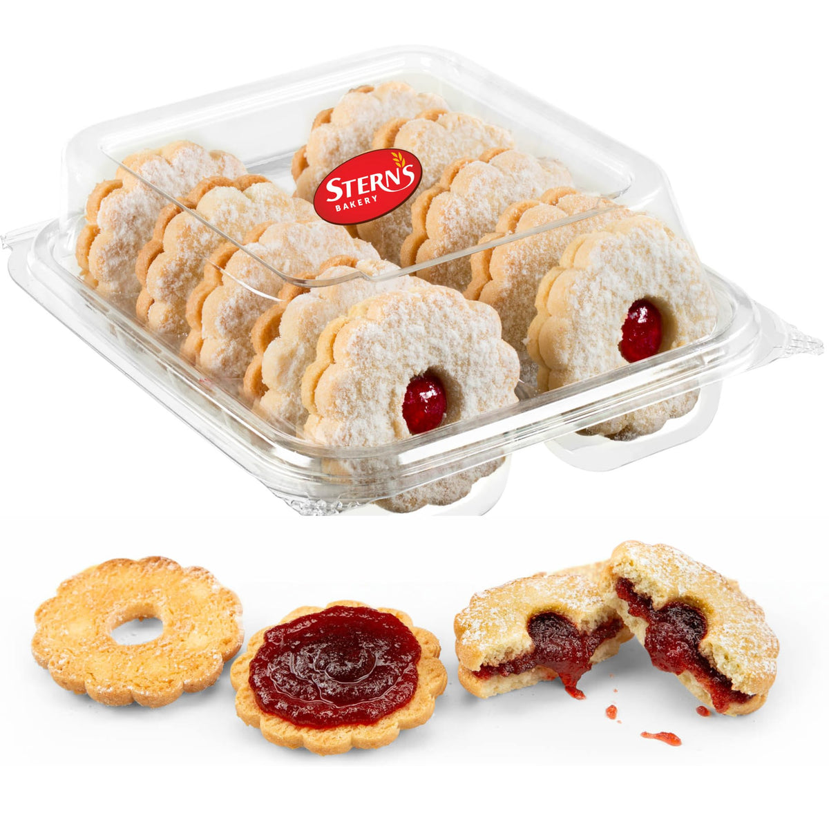 Stern's Bakery front packaging showing ten individually wrapped Linzer cookies for gifting