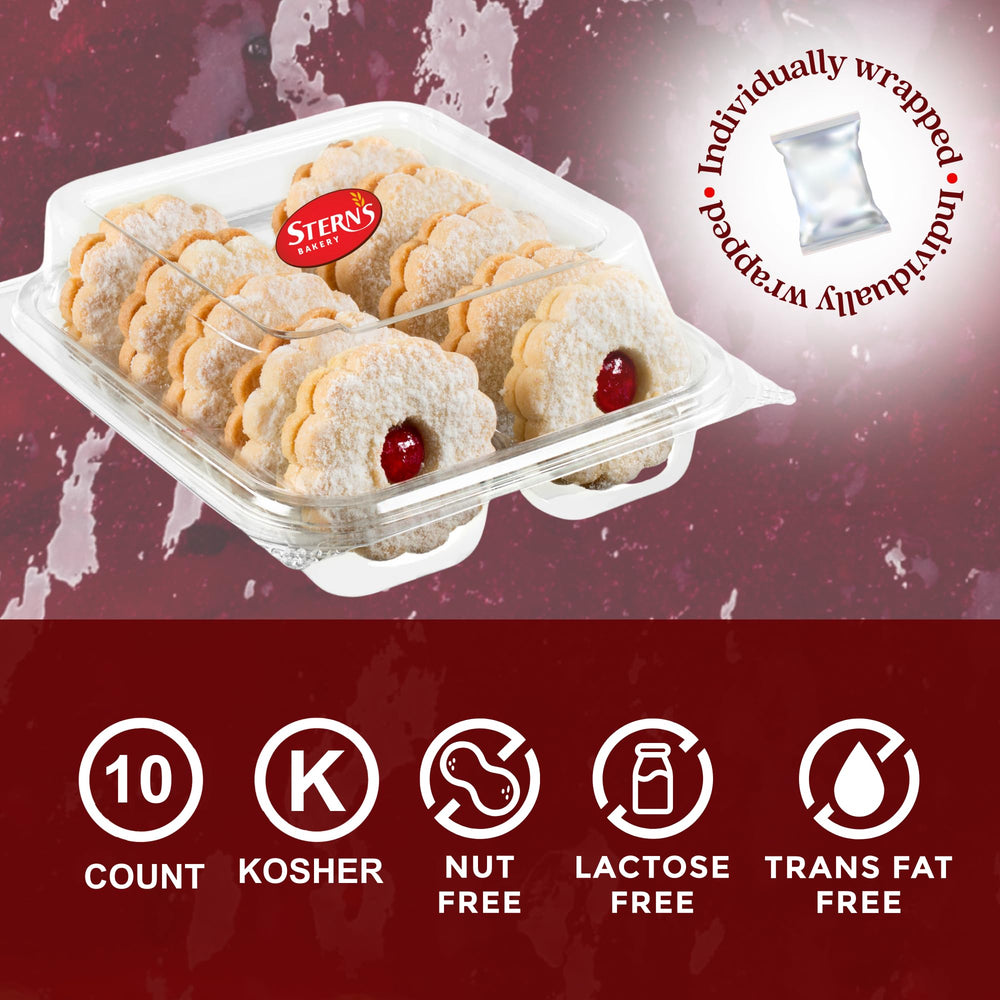 Stern's Bakery close-up of an individually wrapped Linzer cookie highlighting freshness