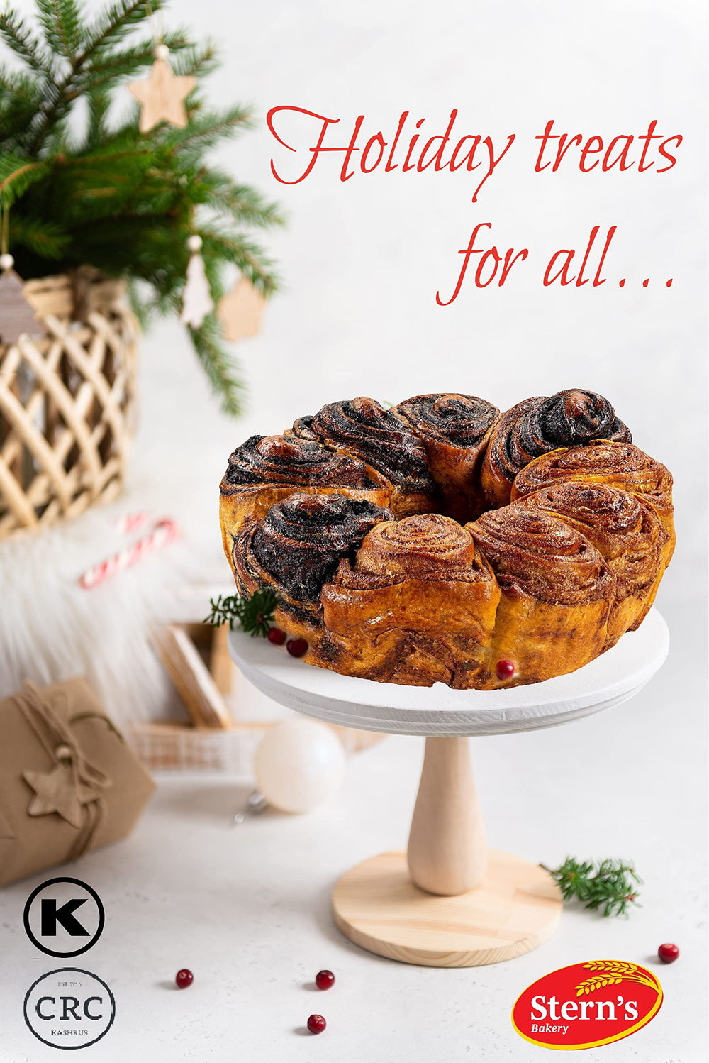 Stern's Bakery babka held next to a hand to show real-life size and portion guidance