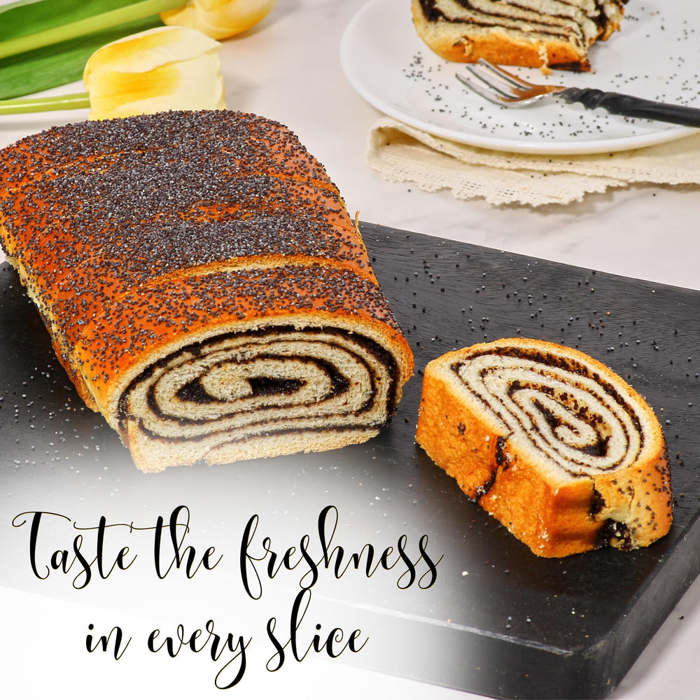 Stern's Bakery resealable container keeping the loaf fresh and protected during storage