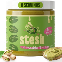 Stesh jar front view showing label and product benefit on shelf