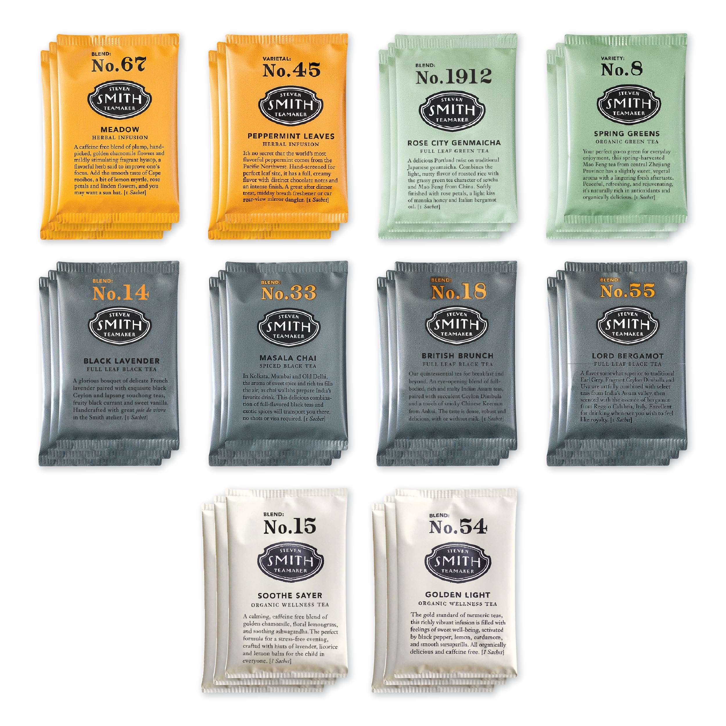 STEVEN SMITH TEAMAKER front packaging showing 30-sachet sampler and eco-friendly benefit