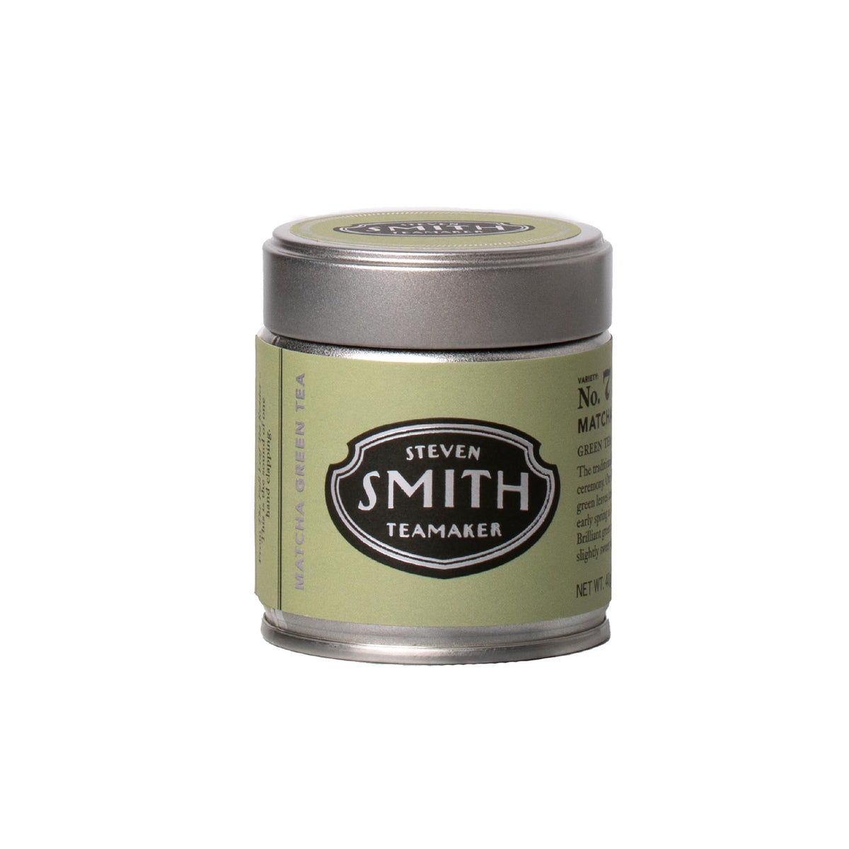 STEVEN SMITH TEAMAKER front tin view showing premium matcha branding and freshness