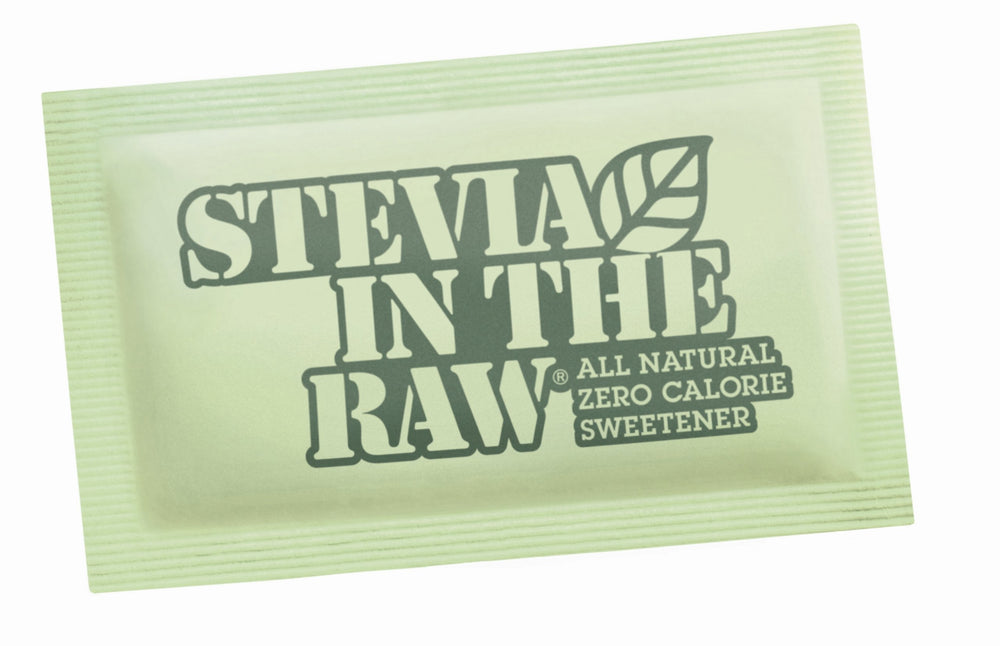Stevia in the Raw front packaging showing 1000-count box and convenient single-serve benefit