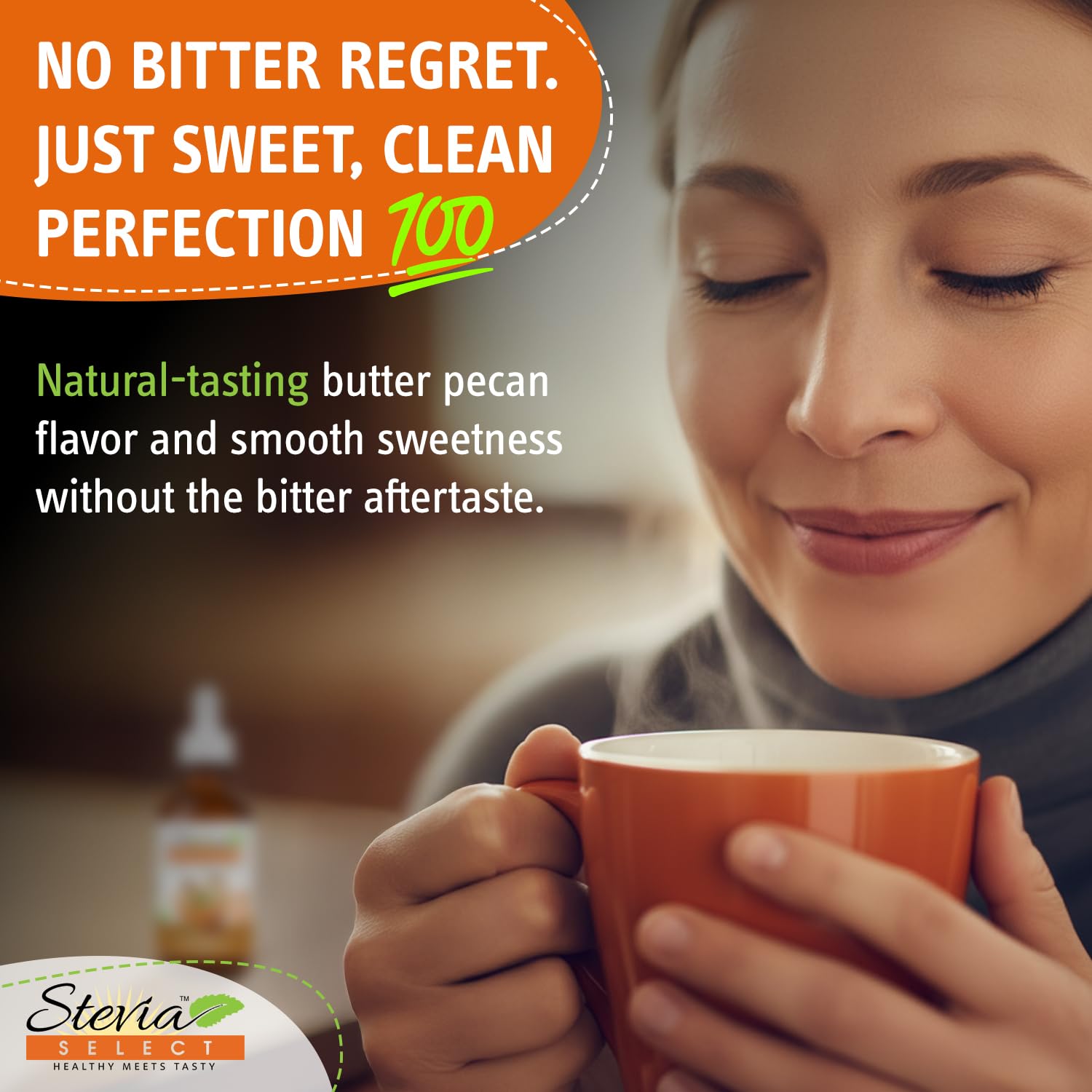 Stevia Select butter pecan liquid close-up showing smooth texture and natural flavor
