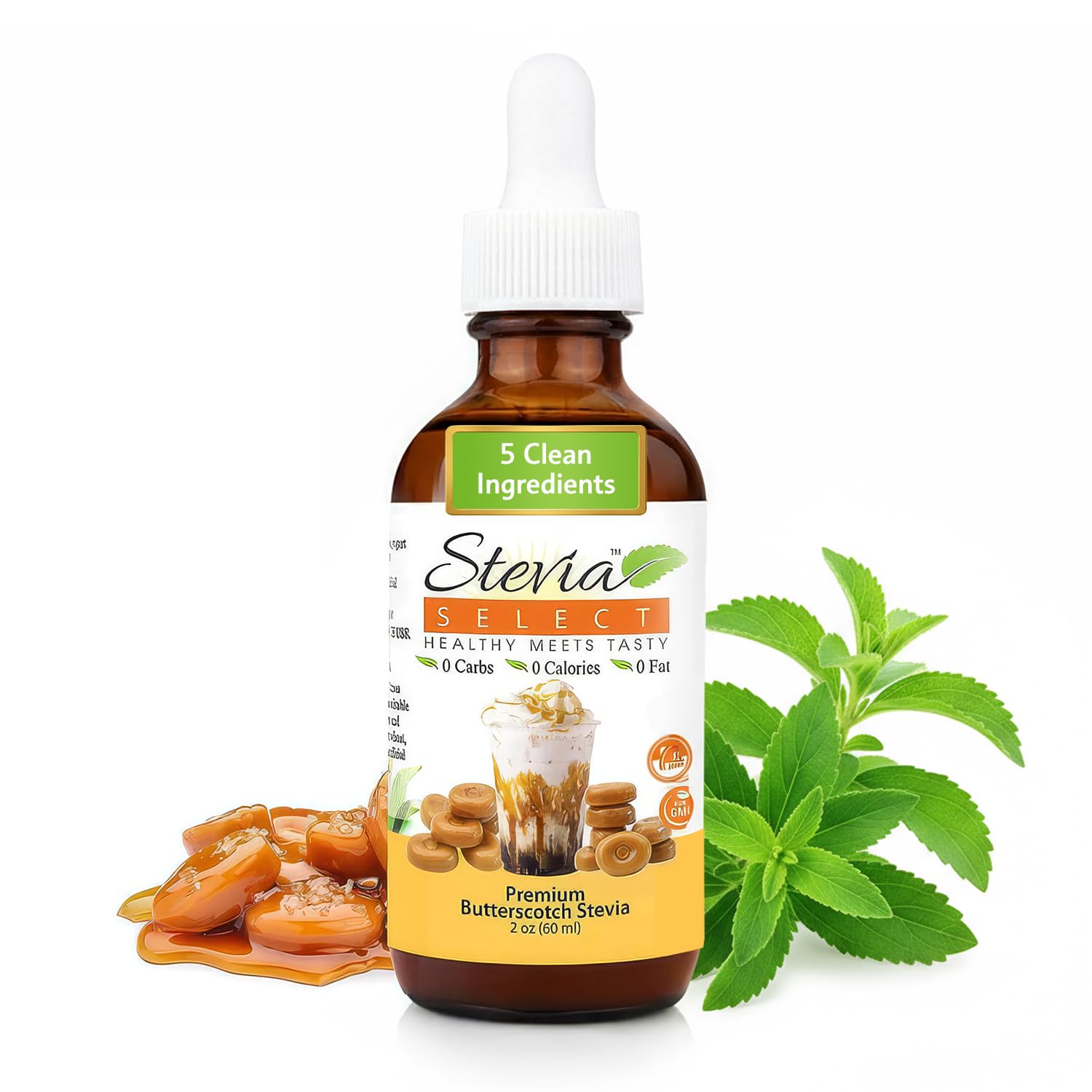 Stevia Select front packaging showing butterscotch flavor and bottle benefit