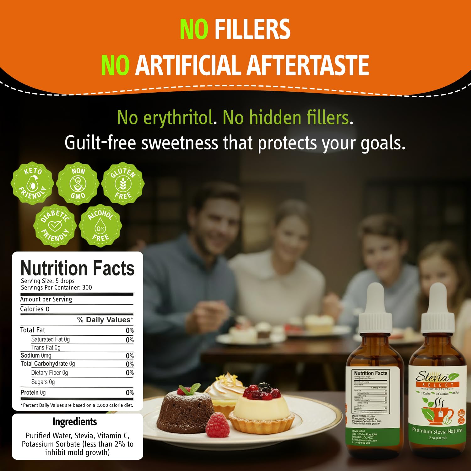 Stevia Select dropper close-up demonstrating precise dosing for consistent sweetness