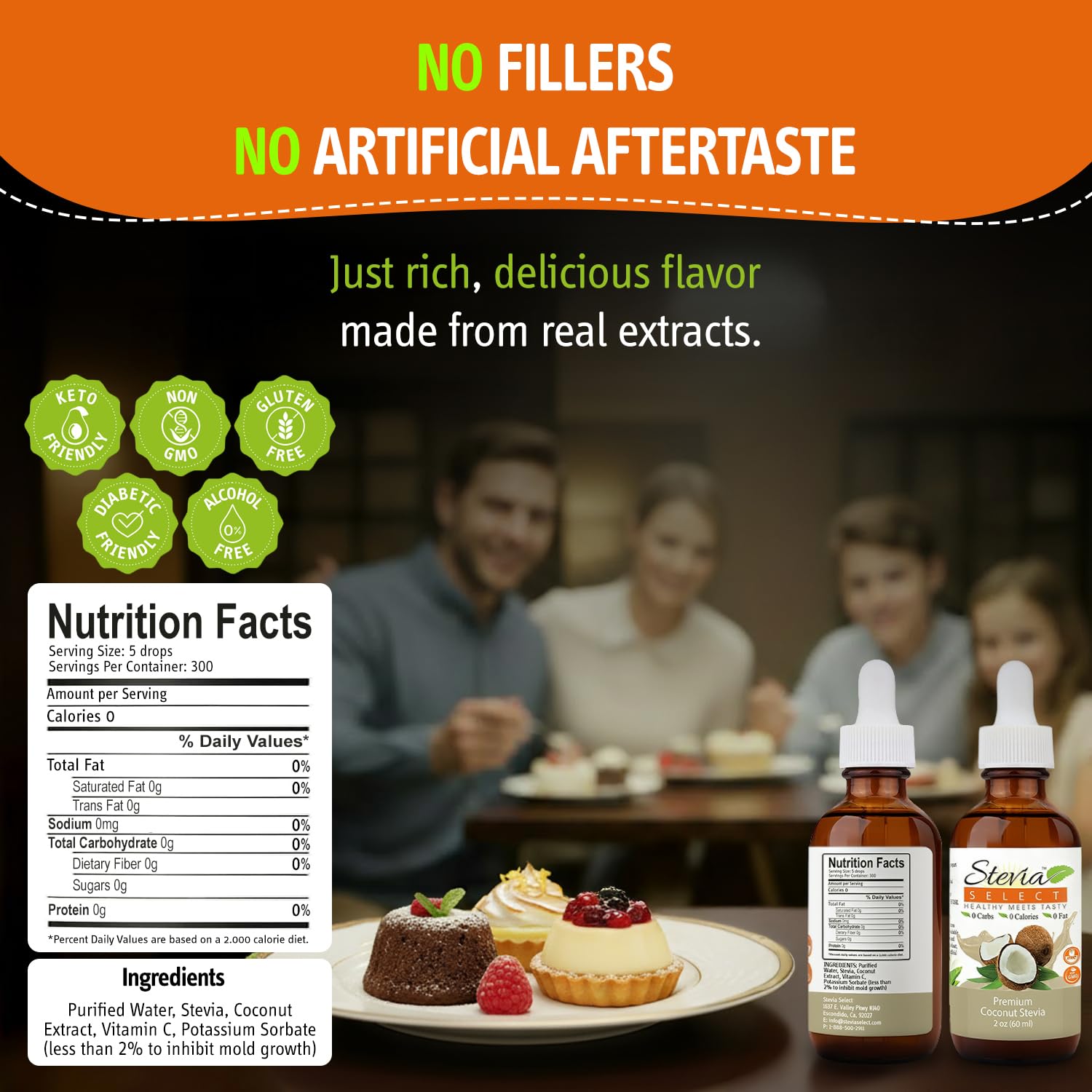 Stevia Select dropper dispensing precise drops for controlled sweetness