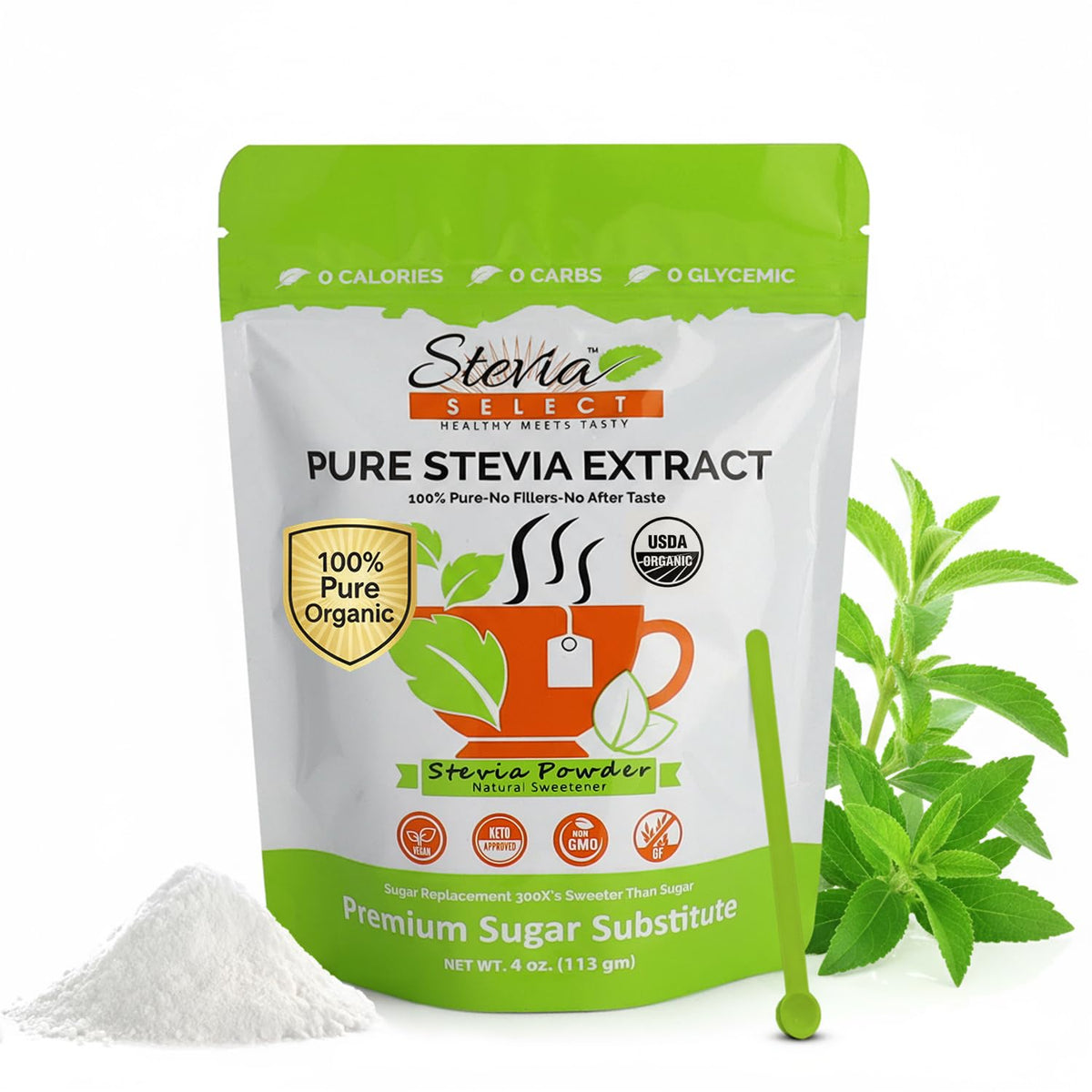 Stevia Select front jar label showing organic branding and benefit