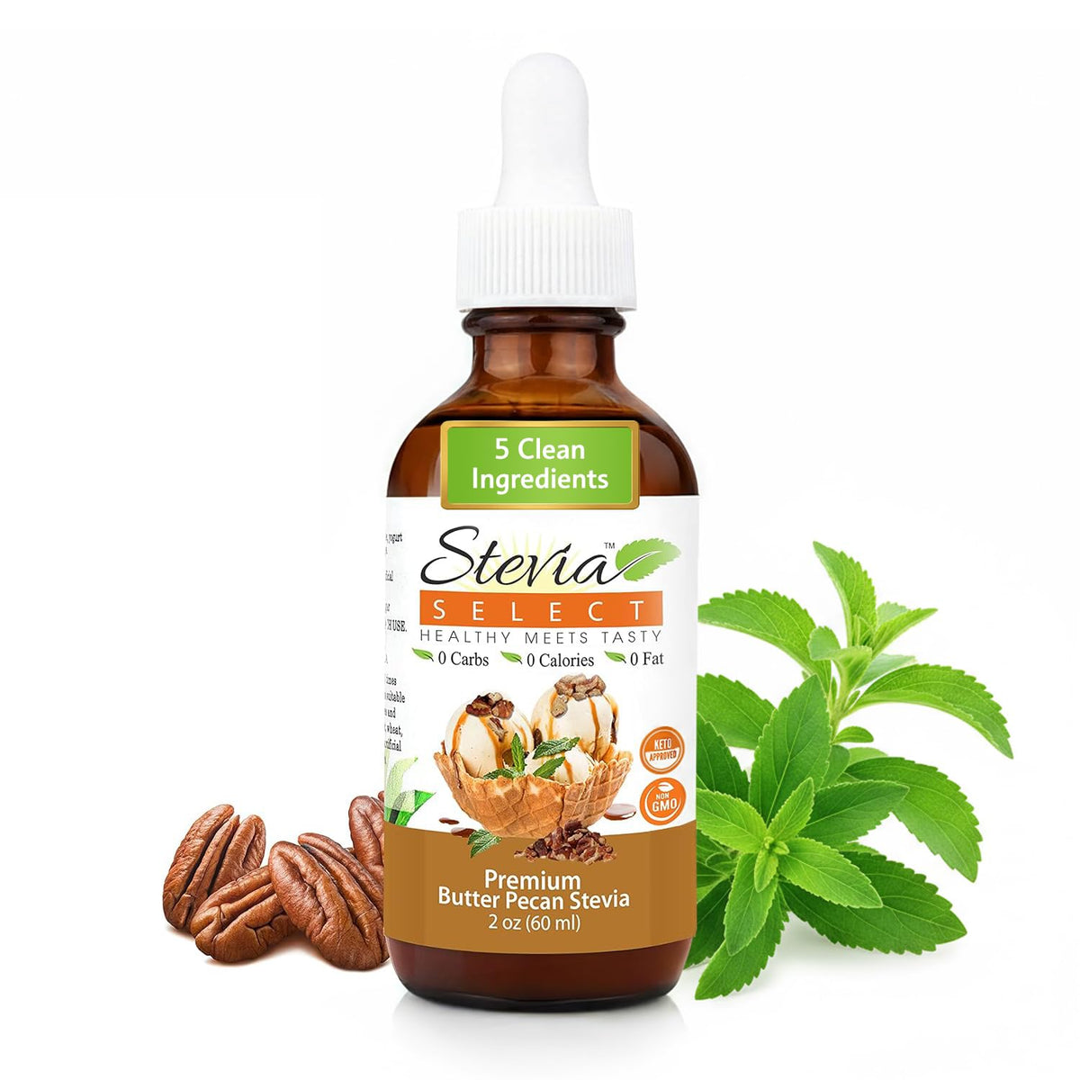 Stevia Select front label showing butter pecan flavor and zero calories benefit