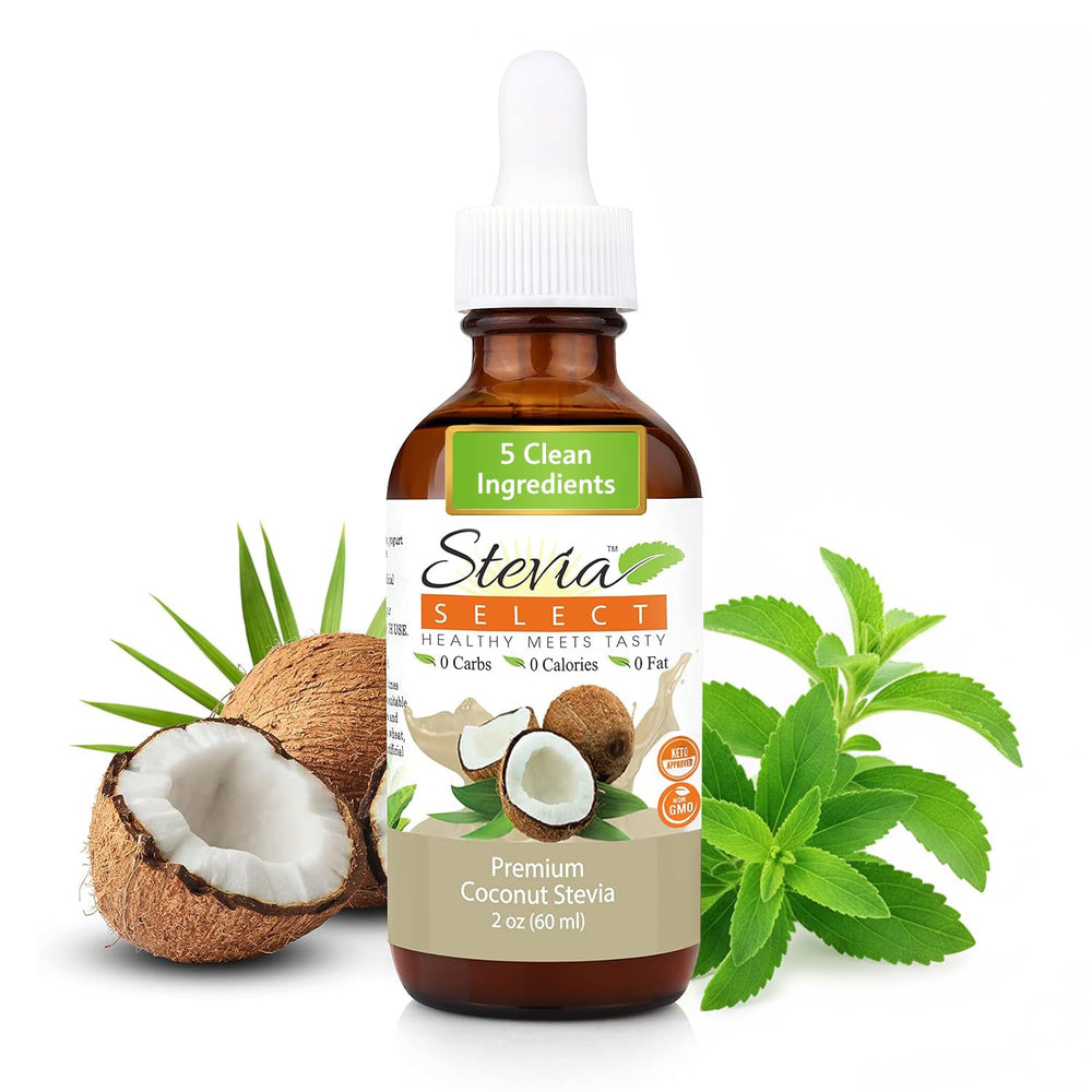 Stevia Select front packaging shows 2 oz bottle and coconut flavor benefit