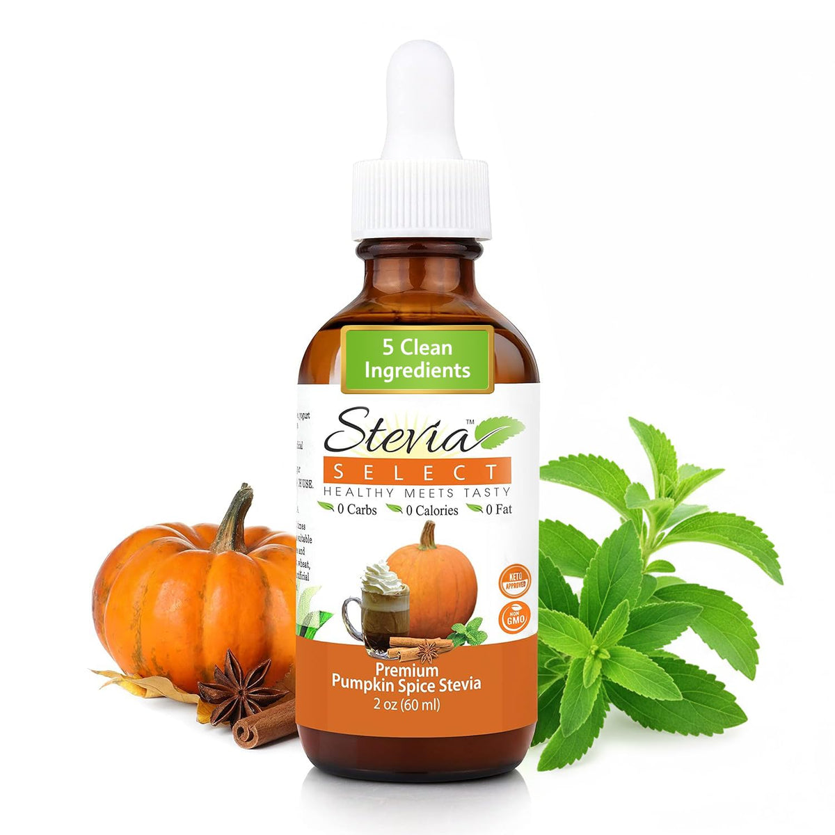 Stevia Select front packaging showing pumpkin spice label and benefits for flavor